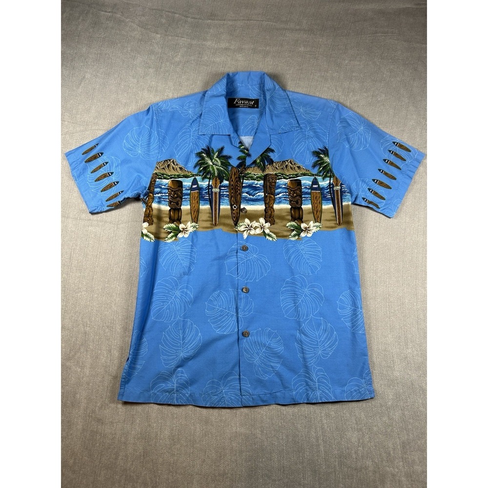 Favant Men Hawaiian Shirt Small Blue Tiki Surfboard Palm Tree Cotton Button Down